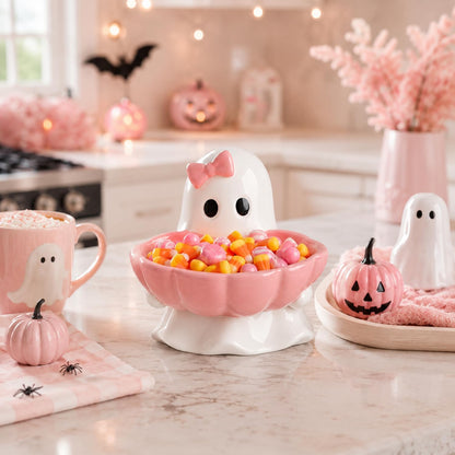 Halloween Candy Bowl Pink Bow Ghost Ceramic Candy Dish