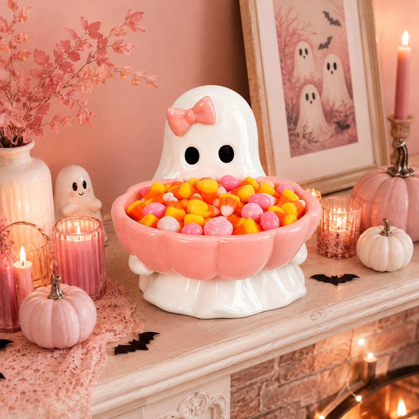 Halloween Candy Bowl Pink Bow Ghost Ceramic Candy Dish