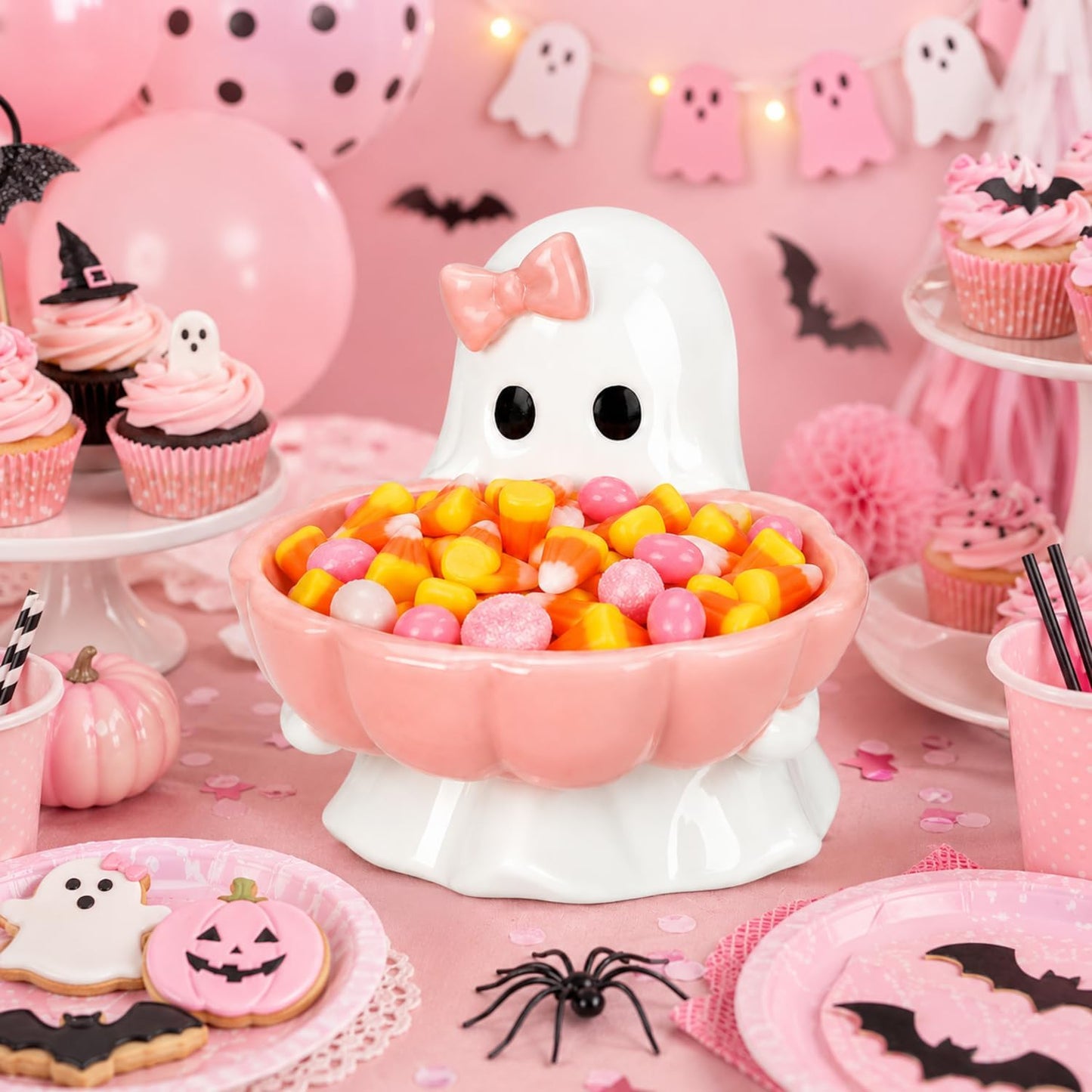 Halloween Candy Bowl Pink Bow Ghost Ceramic Candy Dish