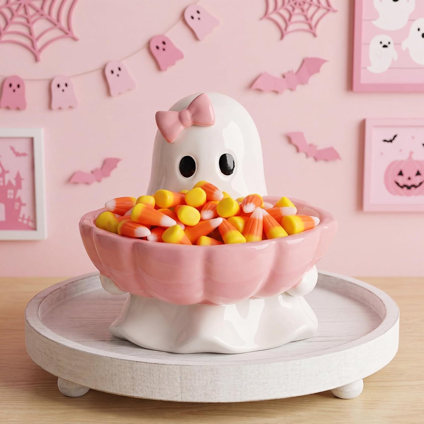 Halloween Candy Bowl Pink Bow Ghost Ceramic Candy Dish