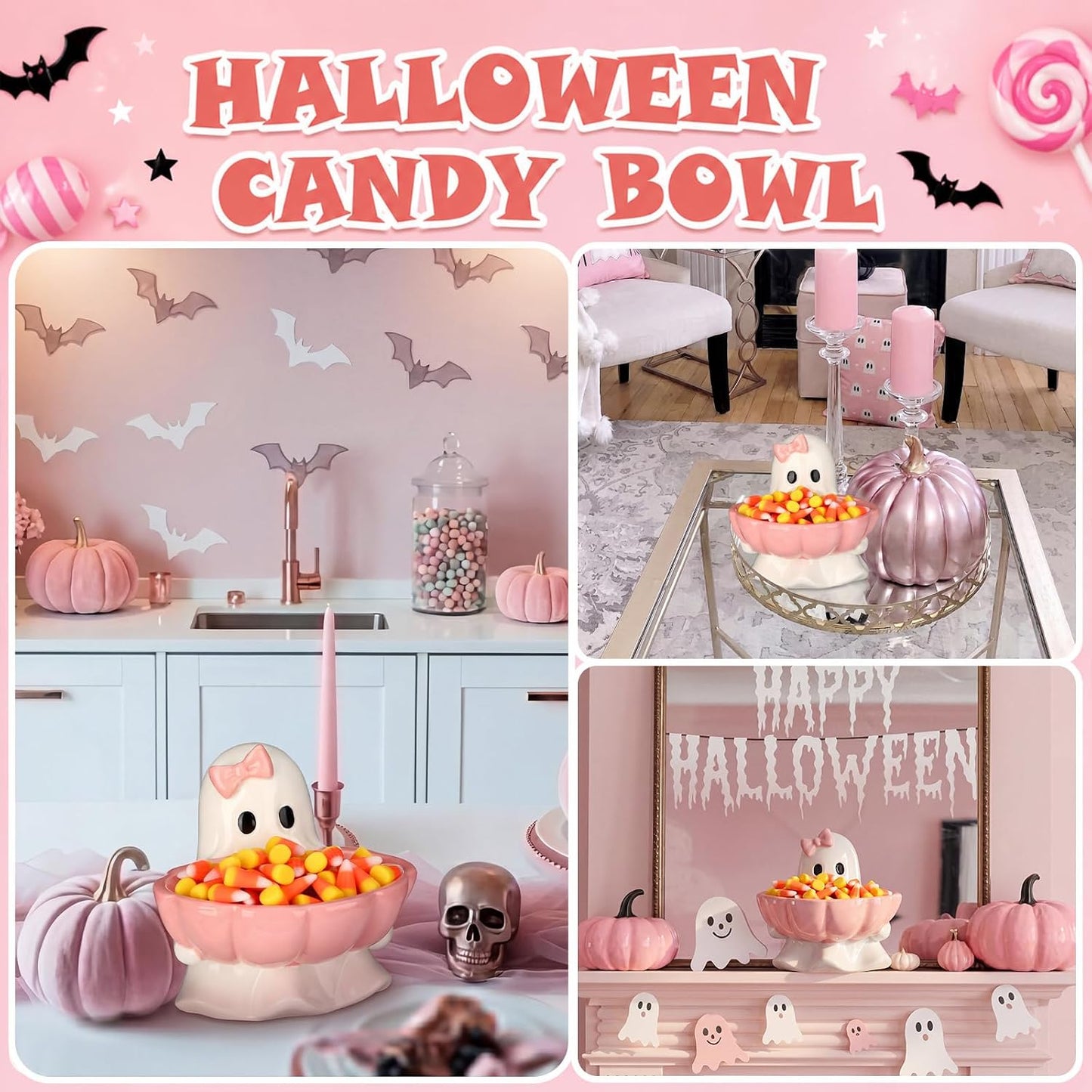 Halloween Candy Bowl Pink Bow Ghost Ceramic Candy Dish