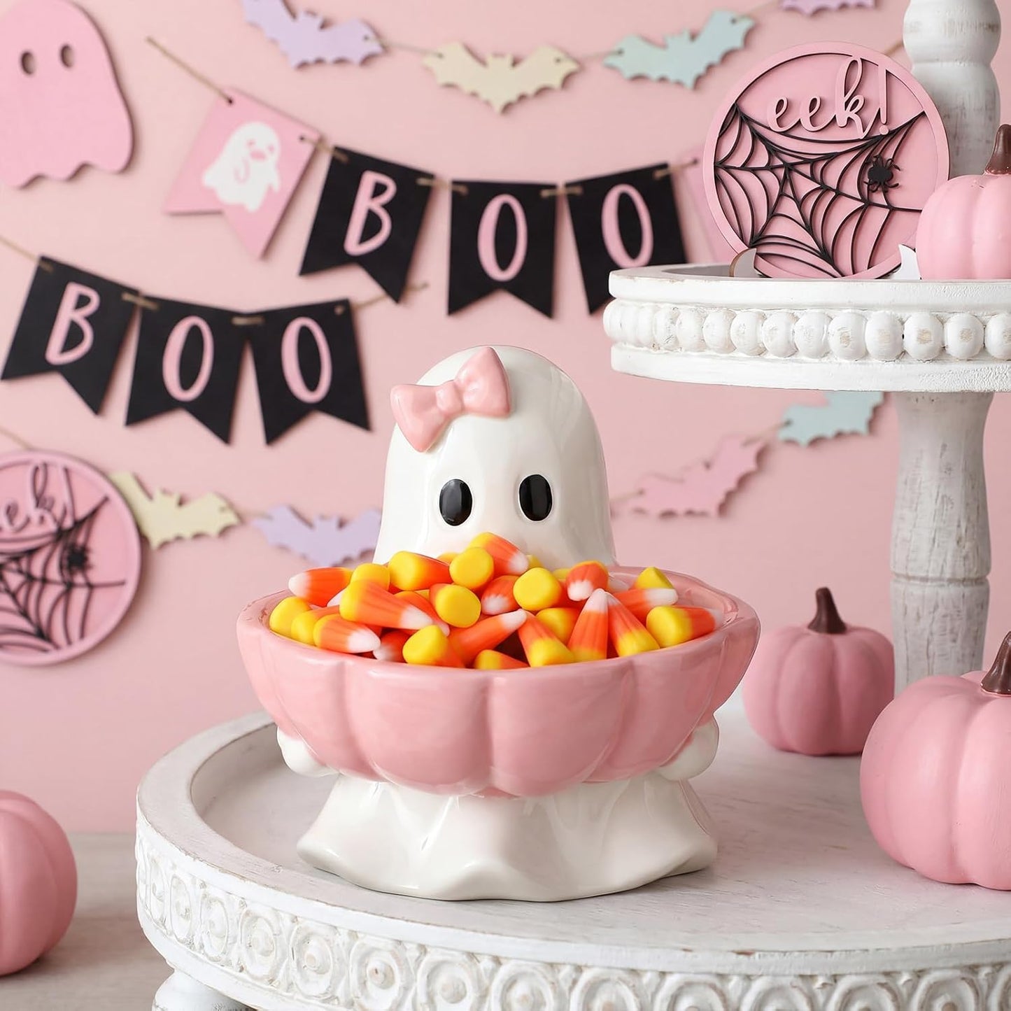Halloween Candy Bowl Pink Bow Ghost Ceramic Candy Dish
