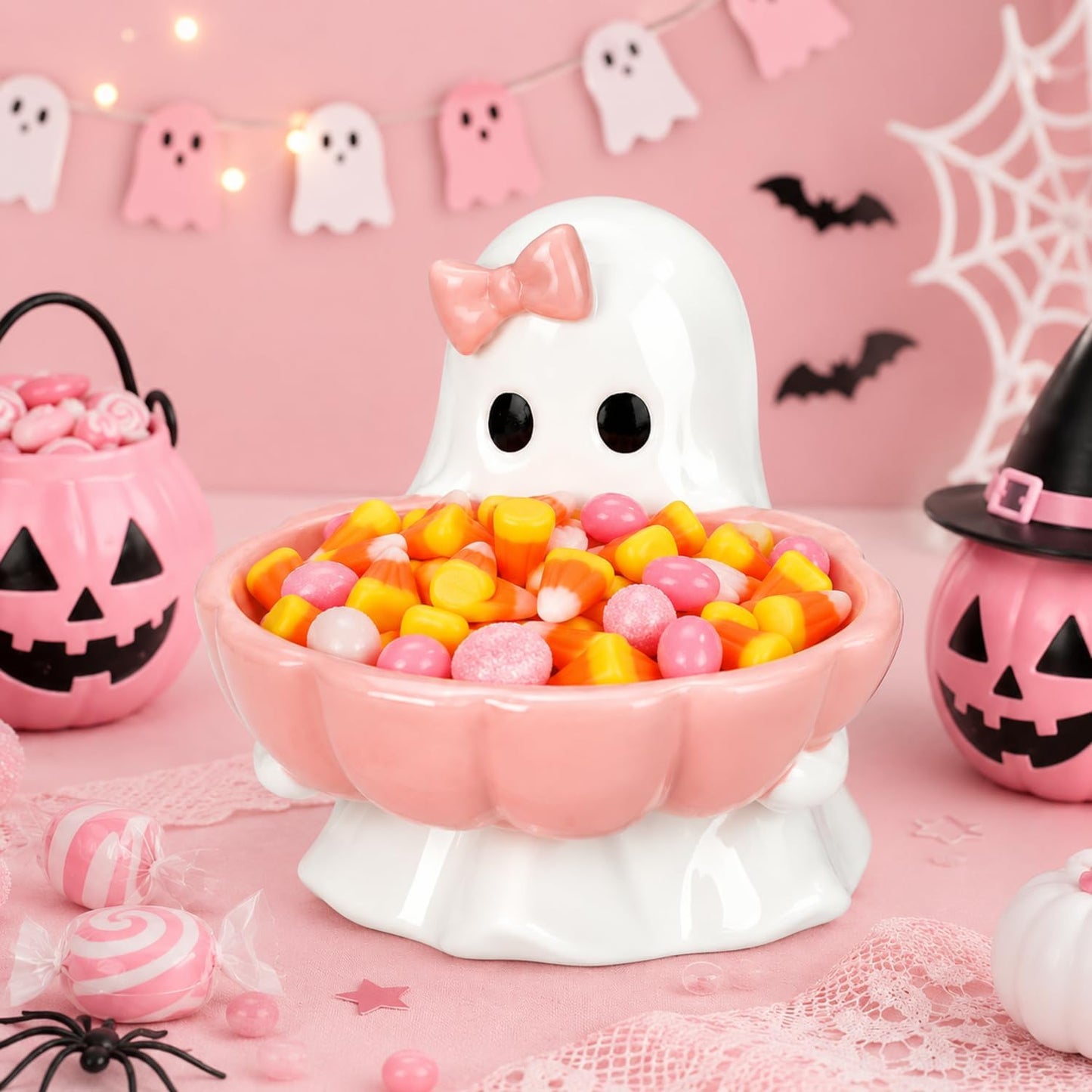Halloween Candy Bowl Pink Bow Ghost Ceramic Candy Dish