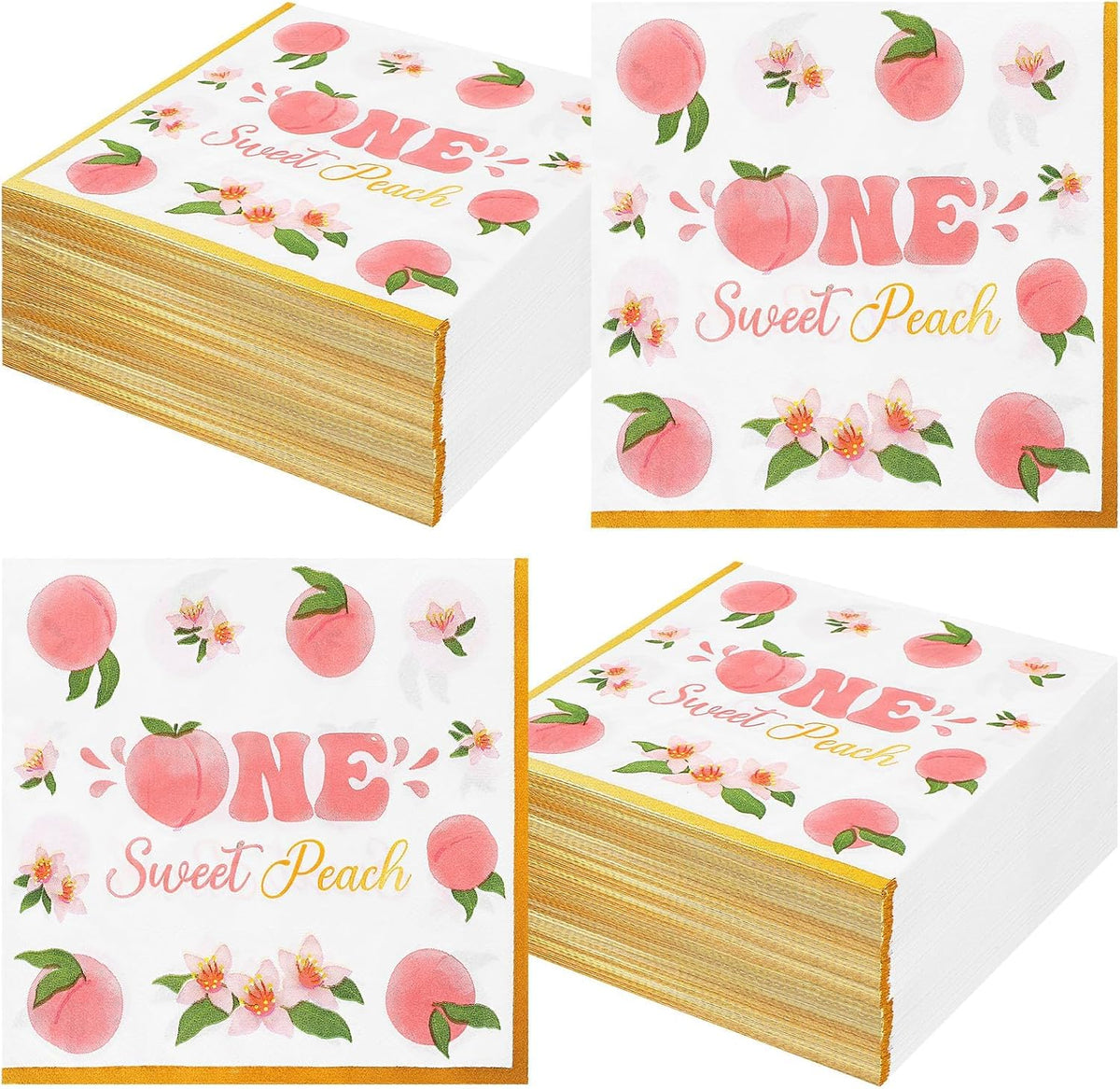100 Pack One Sweet Peach Birthday Paper Napkins Decorations 1st Birthday Gold Border Pink Floral Design Disposable for Fruit Summer Party Table Supplies Baby Shower