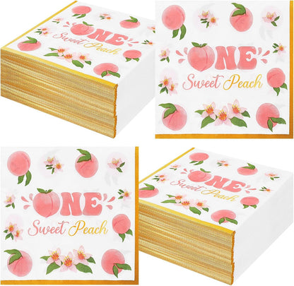 100 Pack One Sweet Peach Birthday Paper Napkins Decorations 1st Birthday Gold Border Pink Floral Design Disposable for Fruit Summer Party Table Supplies Baby Shower