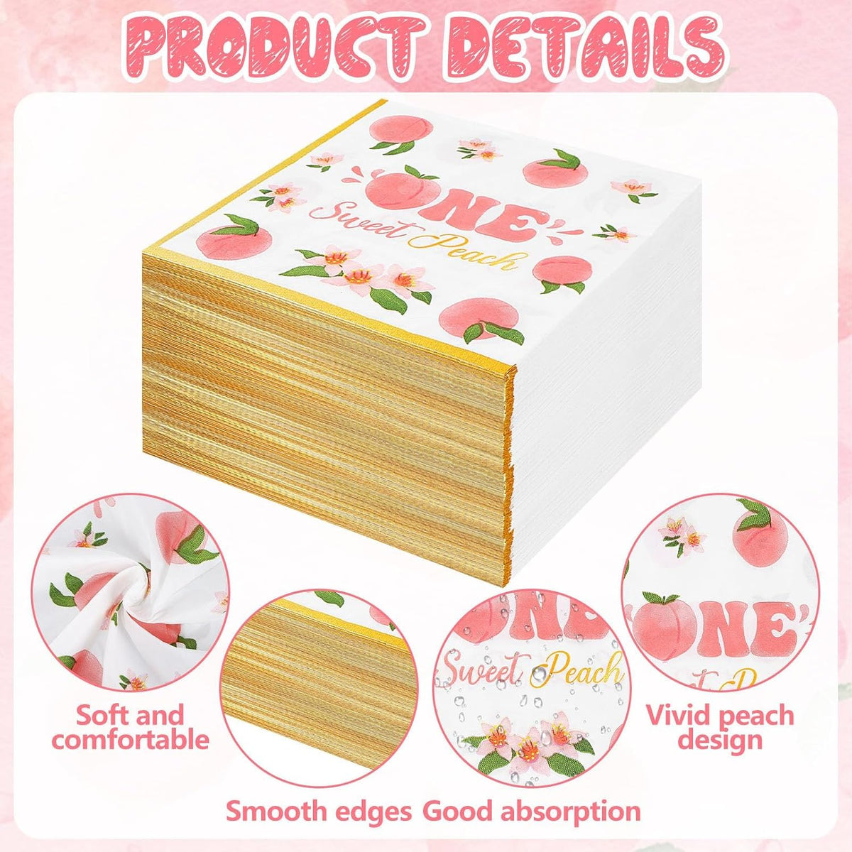 100 Pack One Sweet Peach Birthday Paper Napkins Decorations 1st Birthday Gold Border Pink Floral Design Disposable for Fruit Summer Party Table Supplies Baby Shower