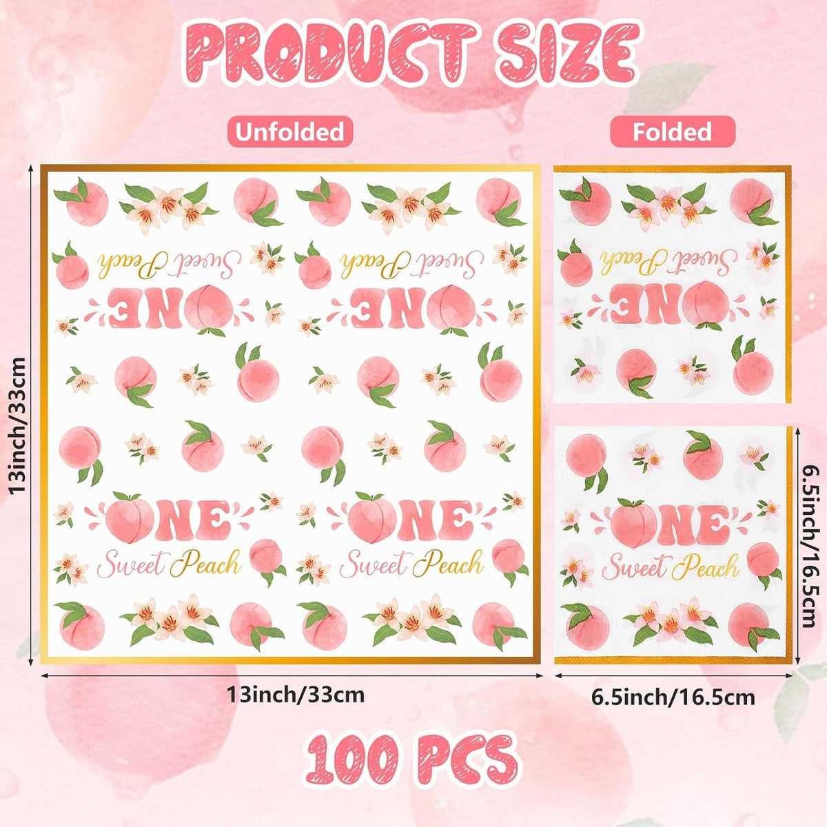 100 Pack One Sweet Peach Birthday Paper Napkins Decorations 1st Birthday Gold Border Pink Floral Design Disposable for Fruit Summer Party Table Supplies Baby Shower