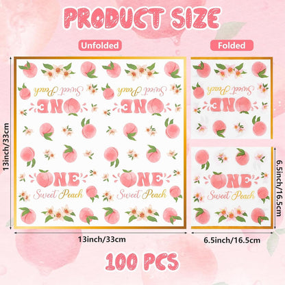 100 Pack One Sweet Peach Birthday Paper Napkins Decorations 1st Birthday Gold Border Pink Floral Design Disposable for Fruit Summer Party Table Supplies Baby Shower