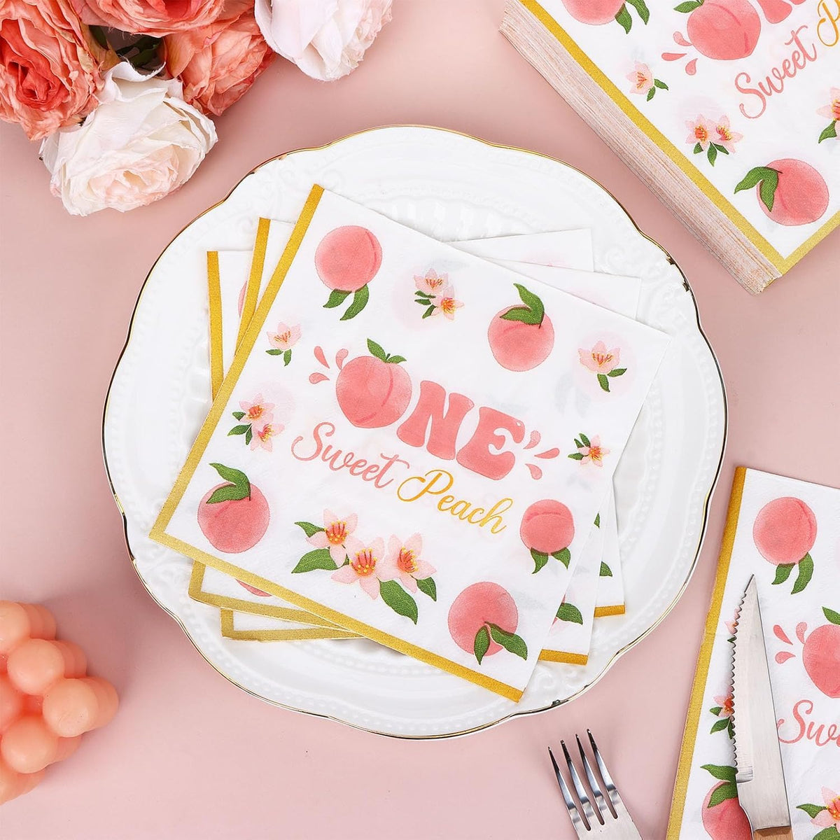 100 Pack One Sweet Peach Birthday Paper Napkins Decorations 1st Birthday Gold Border Pink Floral Design Disposable for Fruit Summer Party Table Supplies Baby Shower