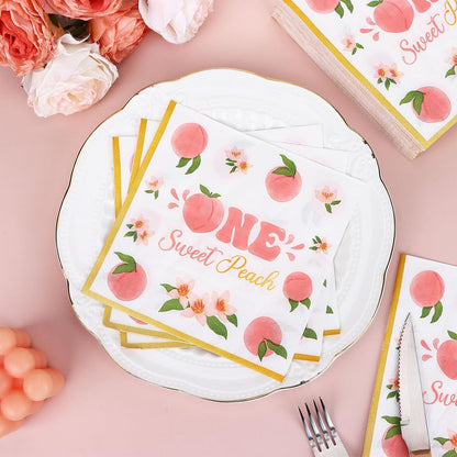 100 Pack One Sweet Peach Birthday Paper Napkins Decorations 1st Birthday Gold Border Pink Floral Design Disposable for Fruit Summer Party Table Supplies Baby Shower