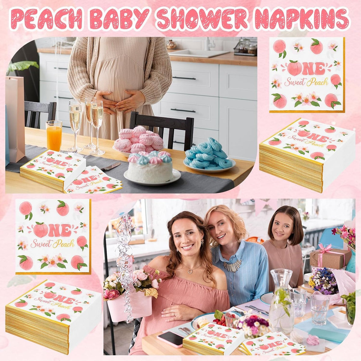 100 Pack One Sweet Peach Birthday Paper Napkins Decorations 1st Birthday Gold Border Pink Floral Design Disposable for Fruit Summer Party Table Supplies Baby Shower