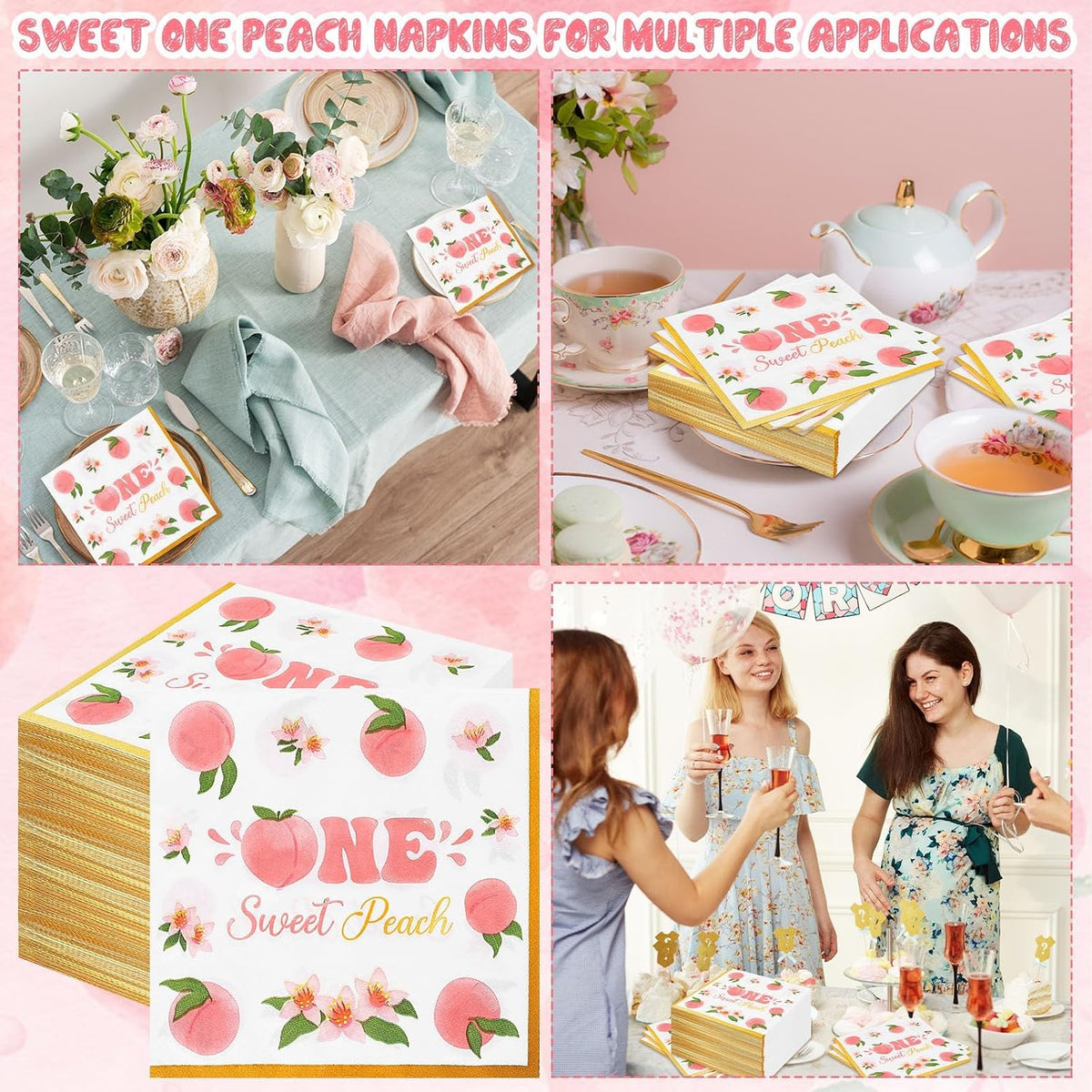 100 Pack One Sweet Peach Birthday Paper Napkins Decorations 1st Birthday Gold Border Pink Floral Design Disposable for Fruit Summer Party Table Supplies Baby Shower