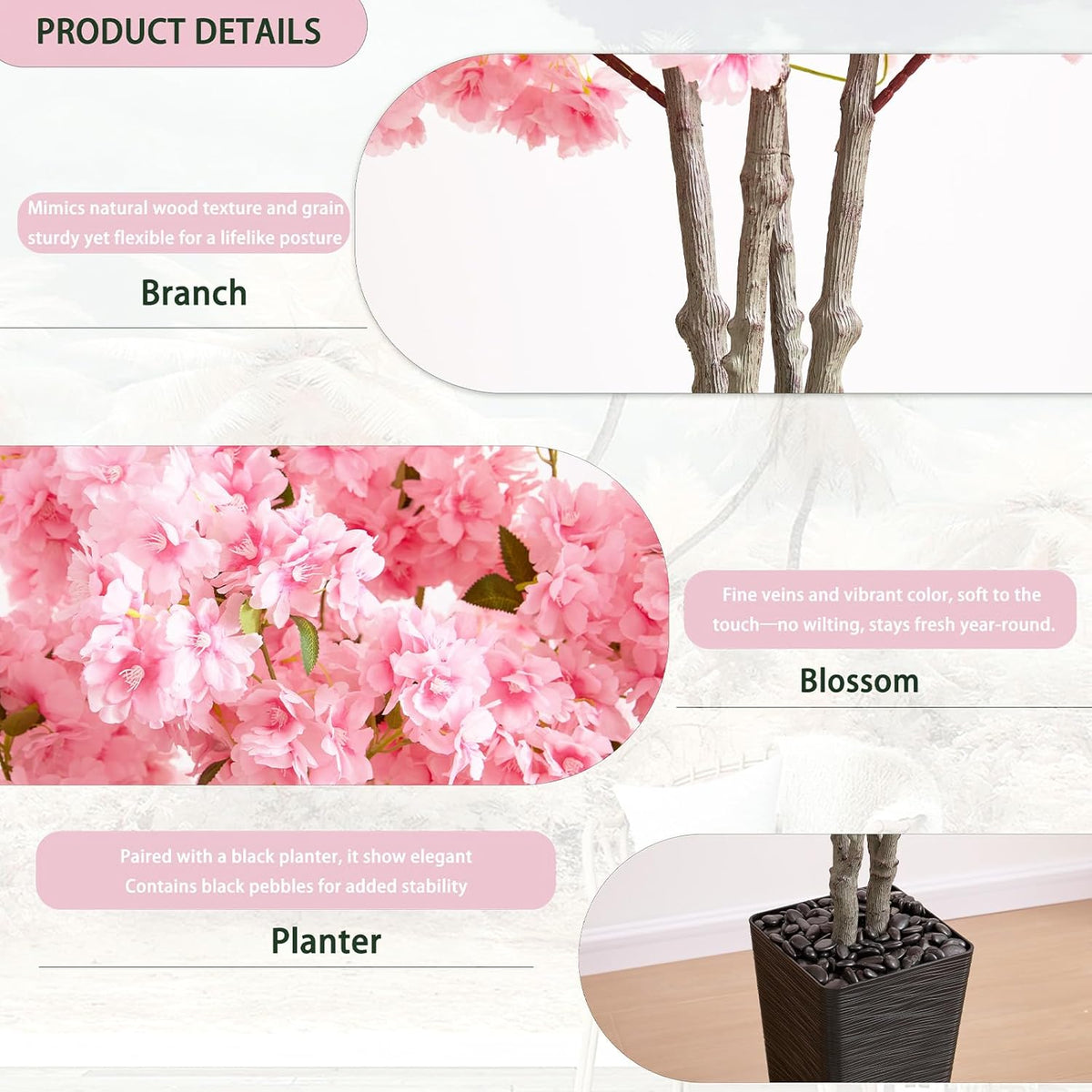 Artificial Cherry Blossom Tree 5FT, Pink Large Fake Plants Indoor