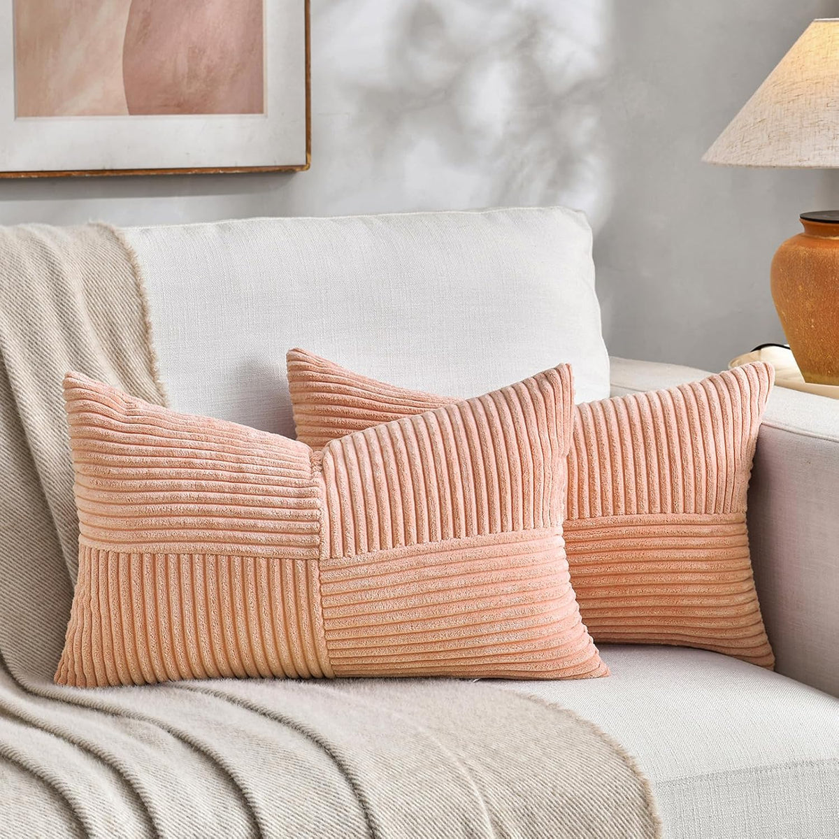 2 Packs Peach Lumbar Decorative Throw Pillow Covers 12x20 Inch for Living Room Couch Bed Sofa, Rustic Farmhouse Boho Home Decor, Soft Striped Corduroy Rectangle Accent Cushion Case 30x50 cm