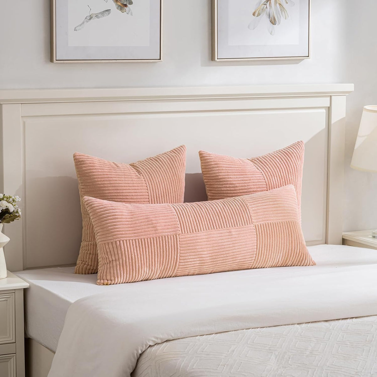 2 Packs Peach Lumbar Decorative Throw Pillow Covers 12x20 Inch for Living Room Couch Bed Sofa, Rustic Farmhouse Boho Home Decor, Soft Striped Corduroy Rectangle Accent Cushion Case 30x50 cm