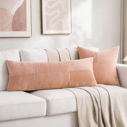2 Packs Peach Lumbar Decorative Throw Pillow Covers 12x20 Inch for Living Room Couch Bed Sofa, Rustic Farmhouse Boho Home Decor, Soft Striped Corduroy Rectangle Accent Cushion Case 30x50 cm
