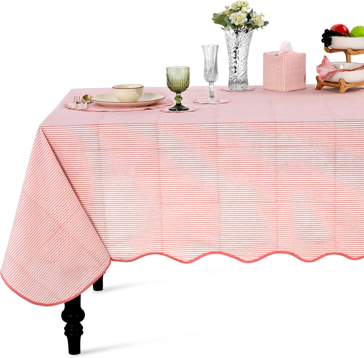 Blush Coral Stripe Block Print Cotton Tablecloth 60"x90" Rectangle