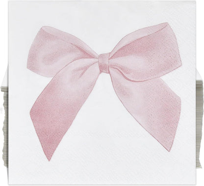100 Pcs Pink Bow Cocktail Napkins Preppy Coquette Disposable Paper Napkin for Girls Baby Shower Bridal Engagement Bachelorette Birthday Party Supplies
