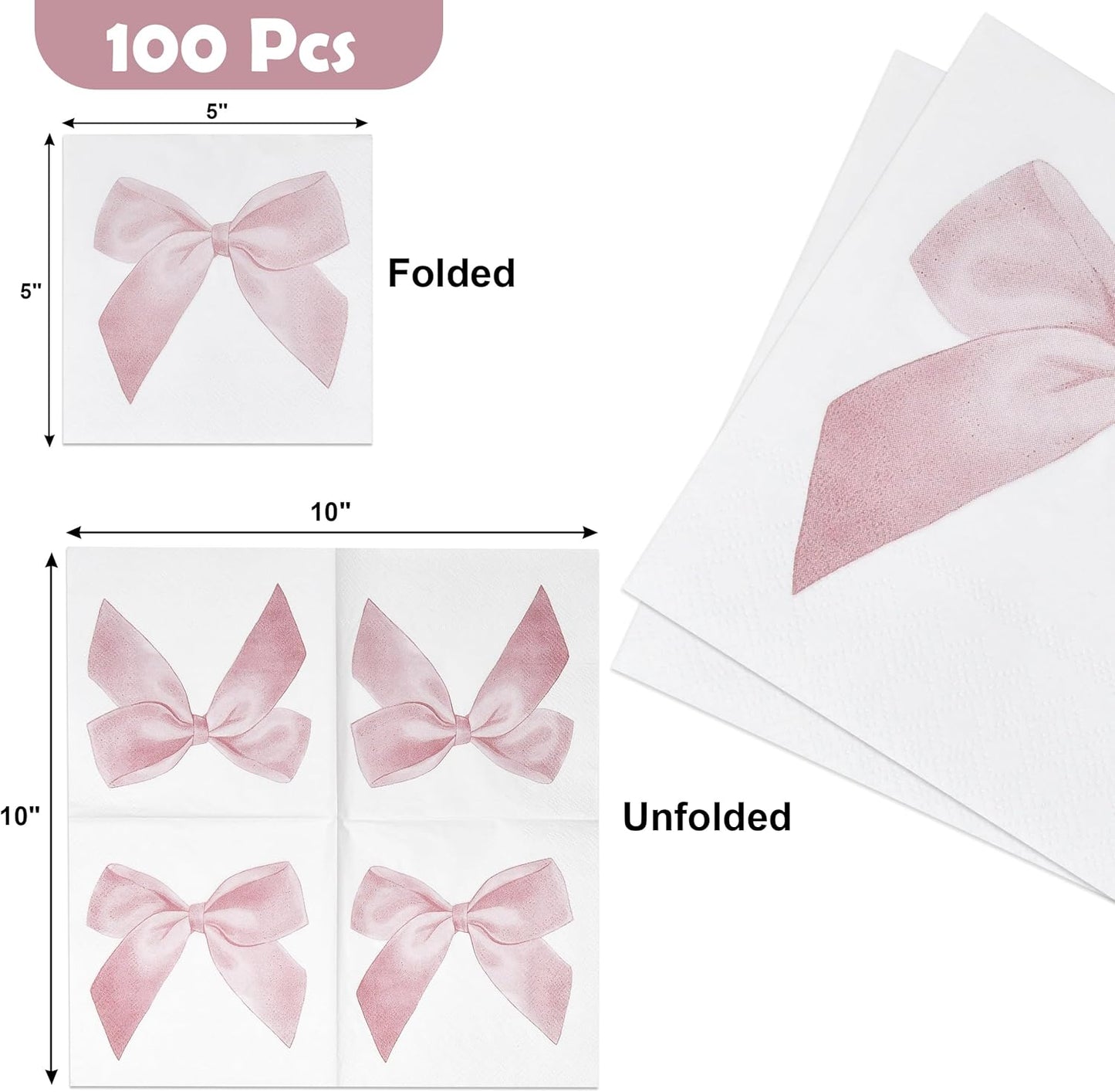 100 Pcs Pink Bow Cocktail Napkins Preppy Coquette Disposable Paper Napkin for Girls Baby Shower Bridal Engagement Bachelorette Birthday Party Supplies