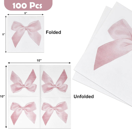 100 Pcs Pink Bow Cocktail Napkins Preppy Coquette Disposable Paper Napkin for Girls Baby Shower Bridal Engagement Bachelorette Birthday Party Supplies