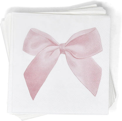 100 Pcs Pink Bow Cocktail Napkins Preppy Coquette Disposable Paper Napkin for Girls Baby Shower Bridal Engagement Bachelorette Birthday Party Supplies