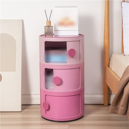 Multi-Layer Nightstand, Bedside Table with Sliding Doors, Round Storage Cabinet, Stackable Night Stand for Bathroom, Office and Bedroom(Pink,22.8in/58cm)