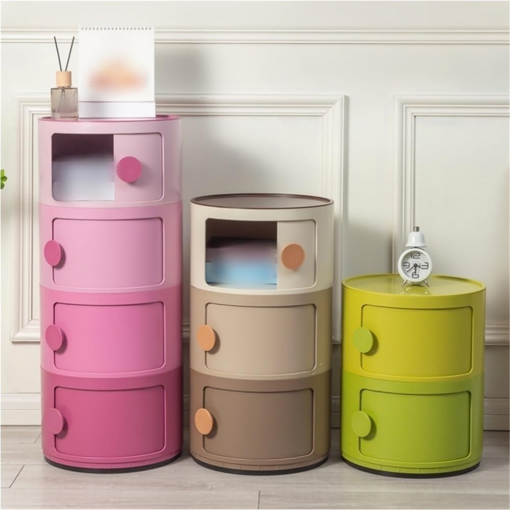 Multi-Layer Nightstand, Bedside Table with Sliding Doors, Round Storage Cabinet, Stackable Night Stand for Bathroom, Office and Bedroom(Pink,22.8in/58cm)
