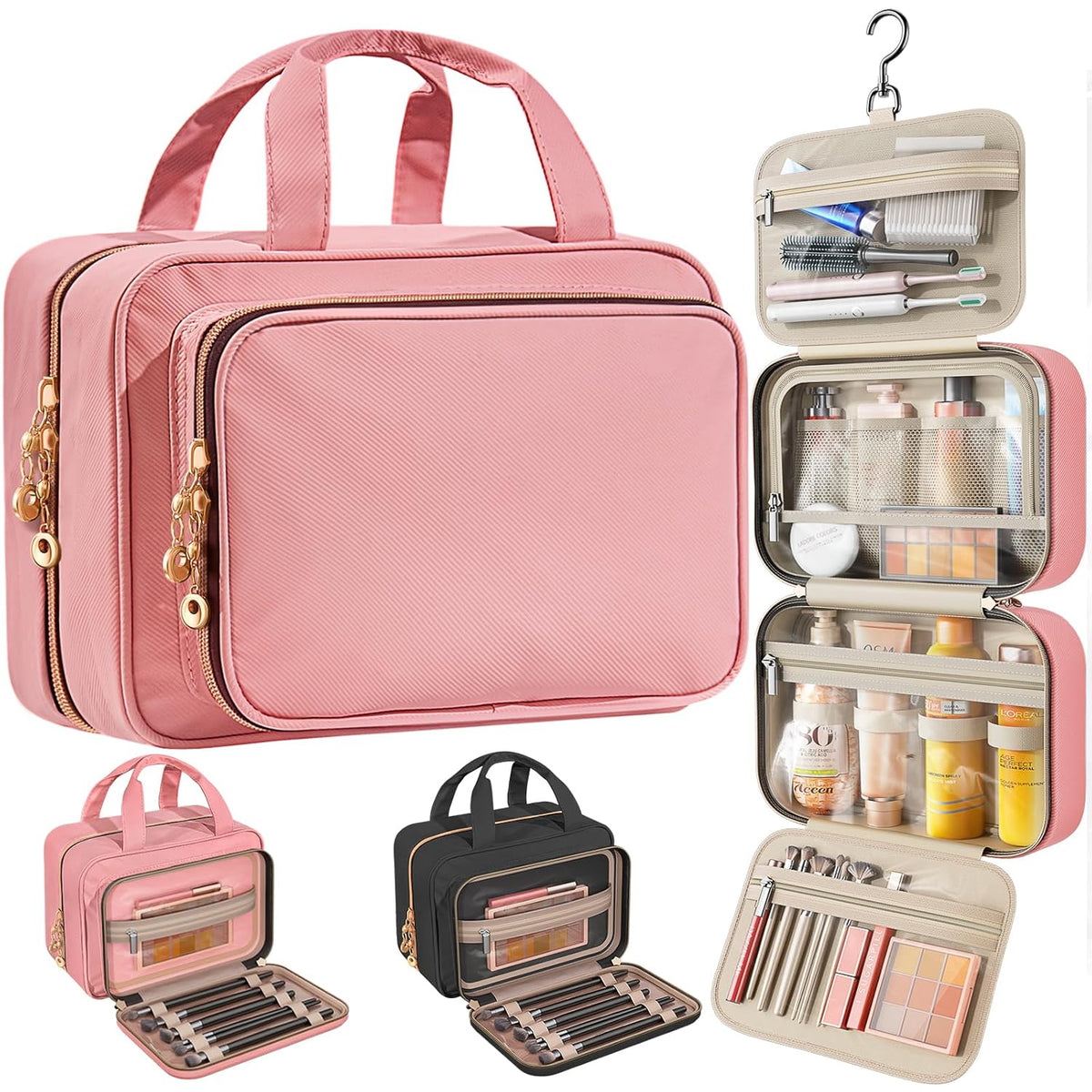 Travel Toiletry Bag for Women – Waterproof Hanging Organizer with Multiple Compartments, Fits Full-Size Toiletries and Makeup Accessories, Compact & Portable, Travel Essentials (Medium, Pink)