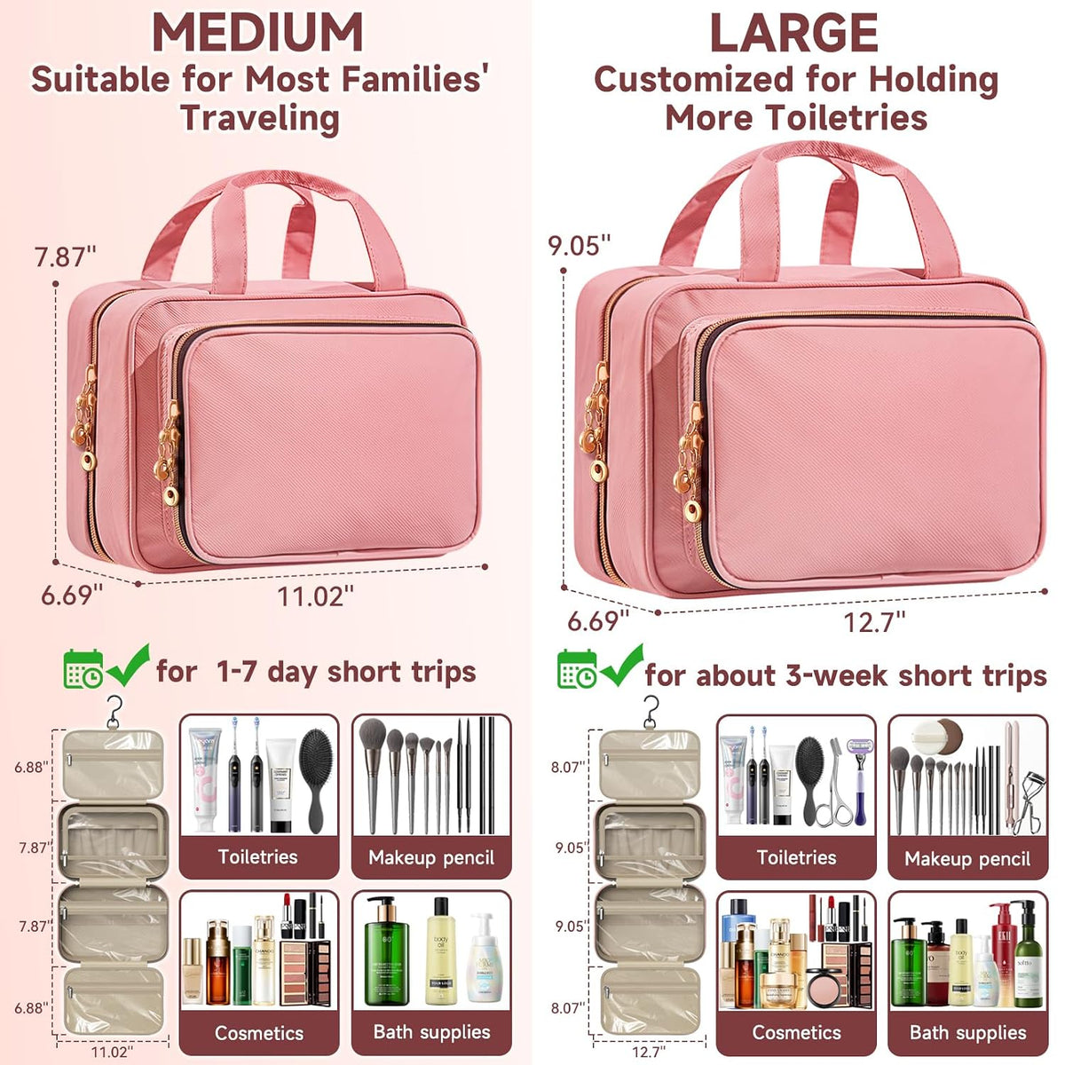 Travel Toiletry Bag for Women – Waterproof Hanging Organizer with Multiple Compartments, Fits Full-Size Toiletries and Makeup Accessories, Compact & Portable, Travel Essentials (Medium, Pink)