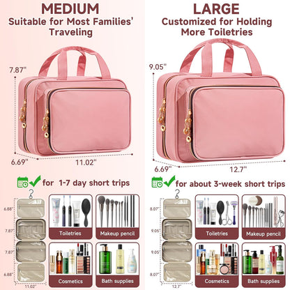 Travel Toiletry Bag for Women – Waterproof Hanging Organizer with Multiple Compartments, Fits Full-Size Toiletries and Makeup Accessories, Compact & Portable, Travel Essentials (Medium, Pink)