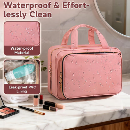 Travel Toiletry Bag for Women – Waterproof Hanging Organizer with Multiple Compartments, Fits Full-Size Toiletries and Makeup Accessories, Compact & Portable, Travel Essentials (Medium, Pink)