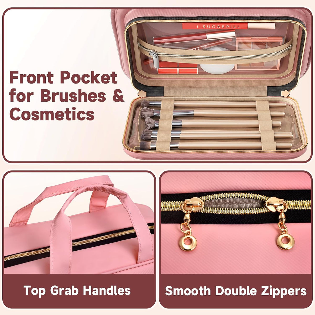 Travel Toiletry Bag for Women – Waterproof Hanging Organizer with Multiple Compartments, Fits Full-Size Toiletries and Makeup Accessories, Compact & Portable, Travel Essentials (Medium, Pink)