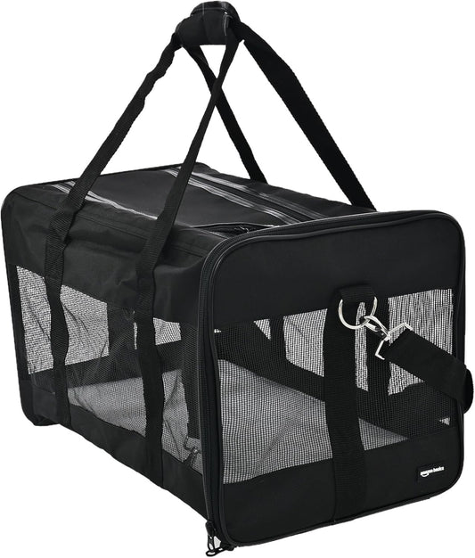 Amazon Basics Airline Approved Soft-Sided Mesh Pet Travel Carrier with Shoulder Strap, Portable, Washable Removable Fleece Pad for Dog, Cat, up to 16 pounds, 16.5" L x 10.6" W x 11" H, Black