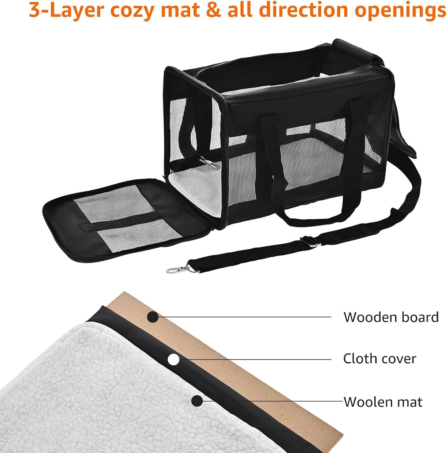 Amazon Basics Airline Approved Soft-Sided Mesh Pet Travel Carrier with Shoulder Strap, Portable, Washable Removable Fleece Pad for Dog, Cat, up to 16 pounds, 16.5" L x 10.6" W x 11" H, Black