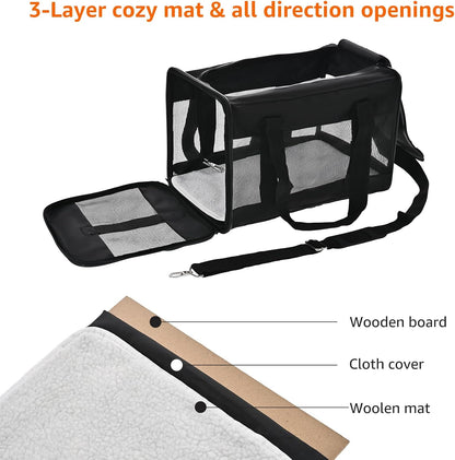 Amazon Basics Airline Approved Soft-Sided Mesh Pet Travel Carrier with Shoulder Strap, Portable, Washable Removable Fleece Pad for Dog, Cat, up to 16 pounds, 16.5" L x 10.6" W x 11" H, Black