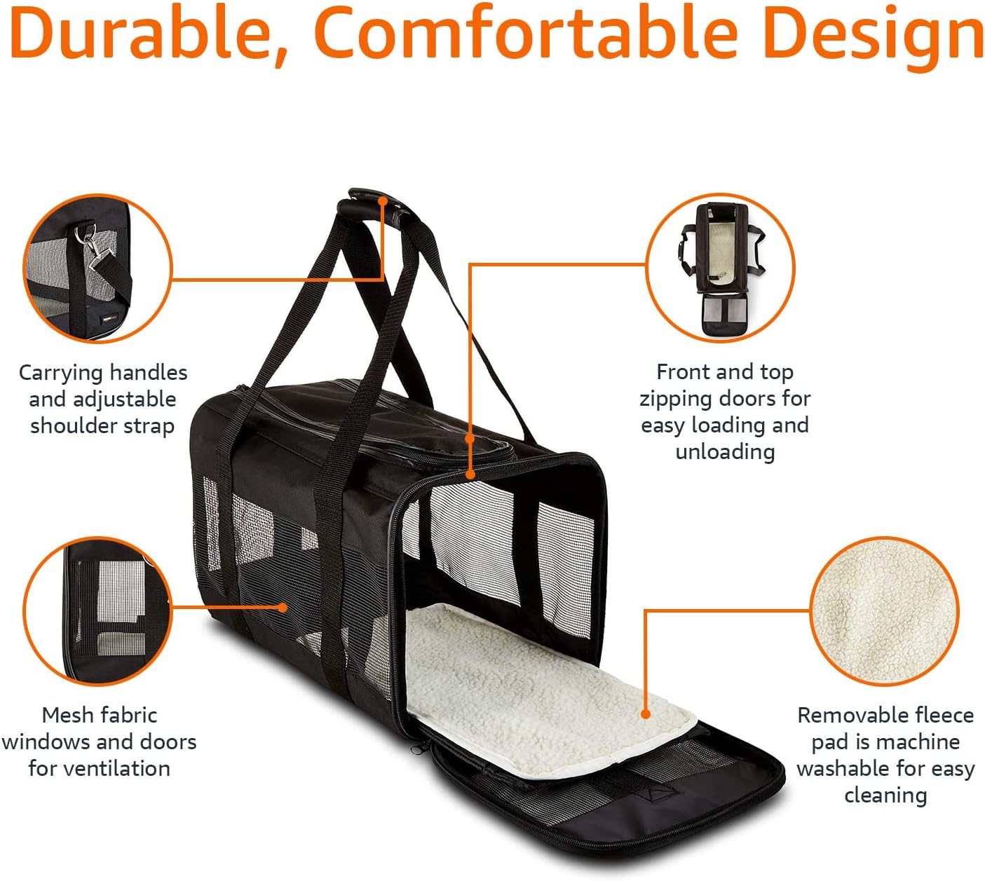 Amazon Basics Airline Approved Soft-Sided Mesh Pet Travel Carrier with Shoulder Strap, Portable, Washable Removable Fleece Pad for Dog, Cat, up to 16 pounds, 16.5" L x 10.6" W x 11" H, Black