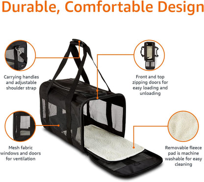 Amazon Basics Airline Approved Soft-Sided Mesh Pet Travel Carrier with Shoulder Strap, Portable, Washable Removable Fleece Pad for Dog, Cat, up to 16 pounds, 16.5" L x 10.6" W x 11" H, Black