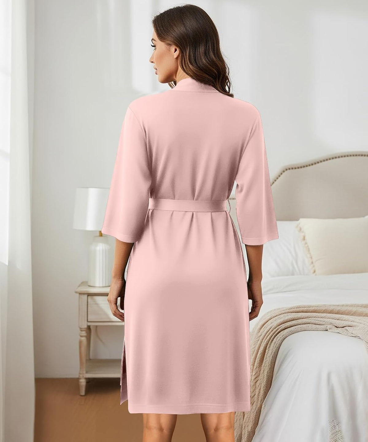 Cotton Blend Knit Robe for Women 3/4 Sleeves Kimono Bathrobe