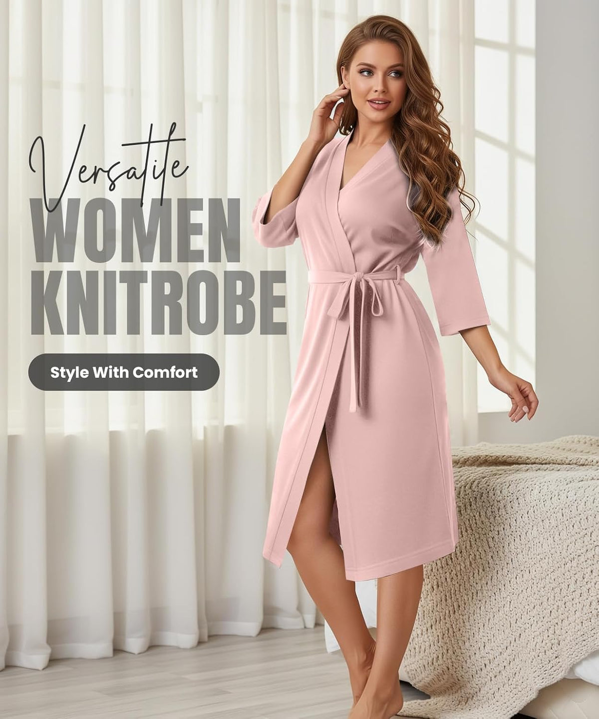 Cotton Blend Knit Robe for Women 3/4 Sleeves Kimono Bathrobe