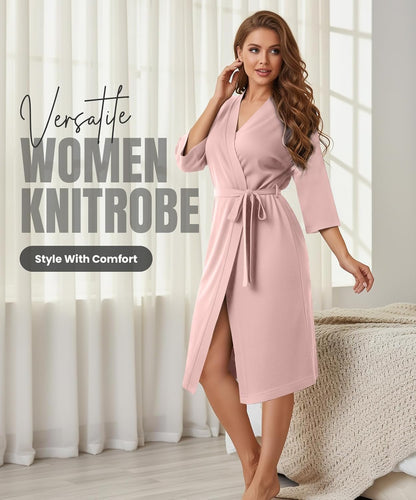 Cotton Blend Knit Robe for Women 3/4 Sleeves Kimono Bathrobe