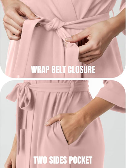 Cotton Blend Knit Robe for Women 3/4 Sleeves Kimono Bathrobe