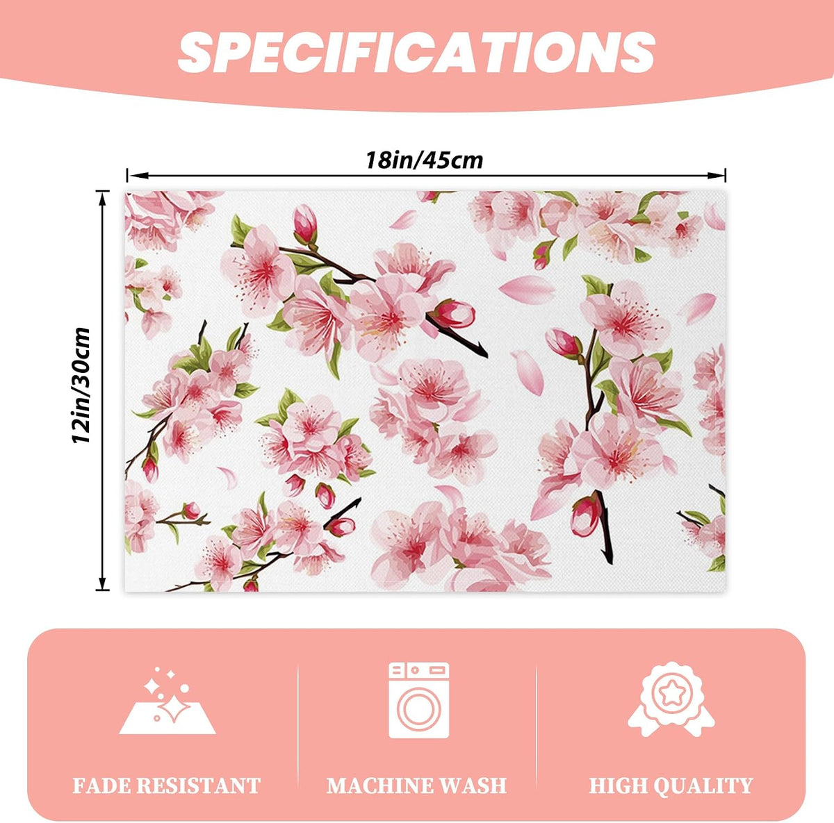 Pink Floral Placemat Set of 4 Spring Pink Cherry Blossom Flowers Printed Place Mats Washable Rectangular Table Mats for Party Home Kitchen Restaurant Dining Table Decor 12x18 Inch