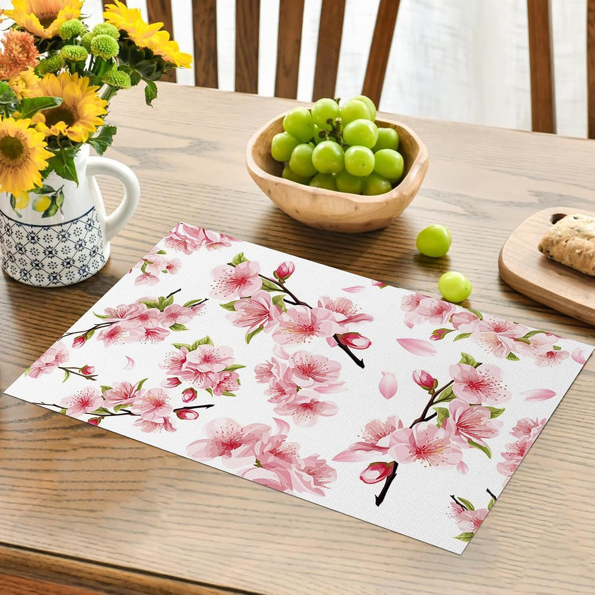 Pink Floral Placemat Set of 4 Spring Pink Cherry Blossom Flowers Printed Place Mats Washable Rectangular Table Mats for Party Home Kitchen Restaurant Dining Table Decor 12x18 Inch