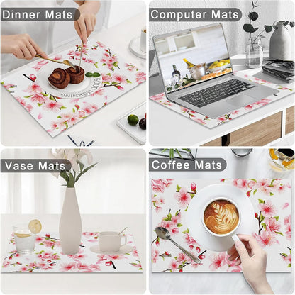 Pink Floral Placemat Set of 4 Spring Pink Cherry Blossom Flowers Printed Place Mats Washable Rectangular Table Mats for Party Home Kitchen Restaurant Dining Table Decor 12x18 Inch