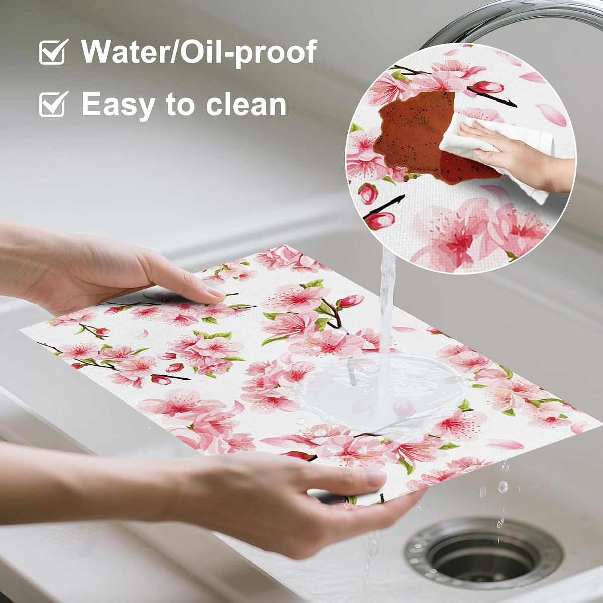 Pink Floral Placemat Set of 4 Spring Pink Cherry Blossom Flowers Printed Place Mats Washable Rectangular Table Mats for Party Home Kitchen Restaurant Dining Table Decor 12x18 Inch