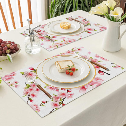 Pink Floral Placemat Set of 4 Spring Pink Cherry Blossom Flowers Printed Place Mats Washable Rectangular Table Mats for Party Home Kitchen Restaurant Dining Table Decor 12x18 Inch