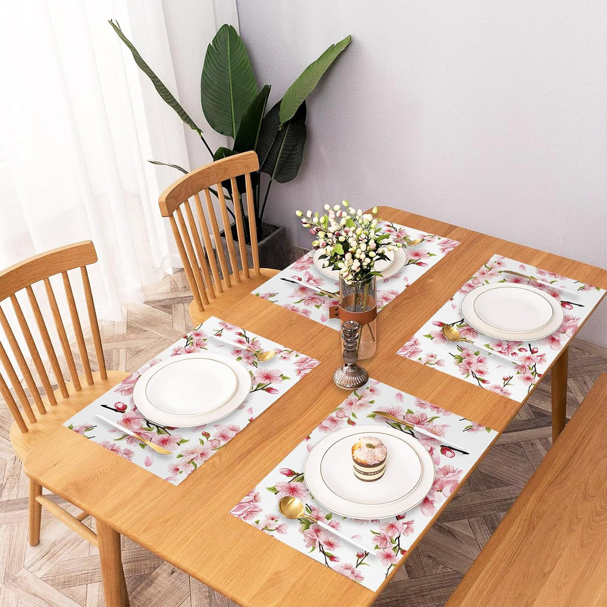 Pink Floral Placemat Set of 4 Spring Pink Cherry Blossom Flowers Printed Place Mats Washable Rectangular Table Mats for Party Home Kitchen Restaurant Dining Table Decor 12x18 Inch