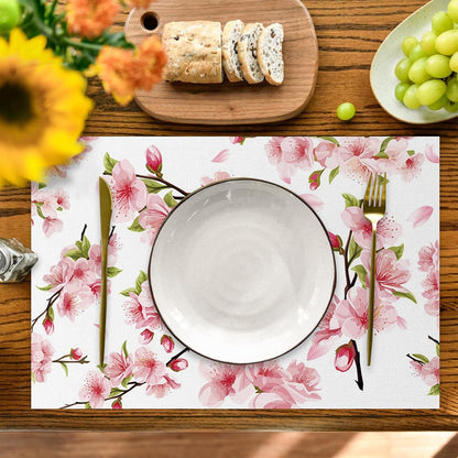 Pink Floral Placemat Set of 4 Spring Pink Cherry Blossom Flowers Printed Place Mats Washable Rectangular Table Mats for Party Home Kitchen Restaurant Dining Table Decor 12x18 Inch