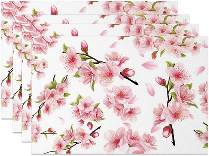 Pink Floral Placemat Set of 4 Spring Pink Cherry Blossom Flowers Printed Place Mats Washable Rectangular Table Mats for Party Home Kitchen Restaurant Dining Table Decor 12x18 Inch