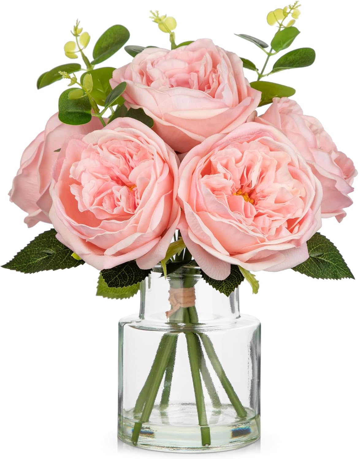 Real Touch Peonies Artificial Flowers Arrangements in Vase Pink Fake Peonies with Glass Vase Silk David Austin Roses Faux Flowers with Faux Water Bouquet Table Floral Centerpiece Home Decor
